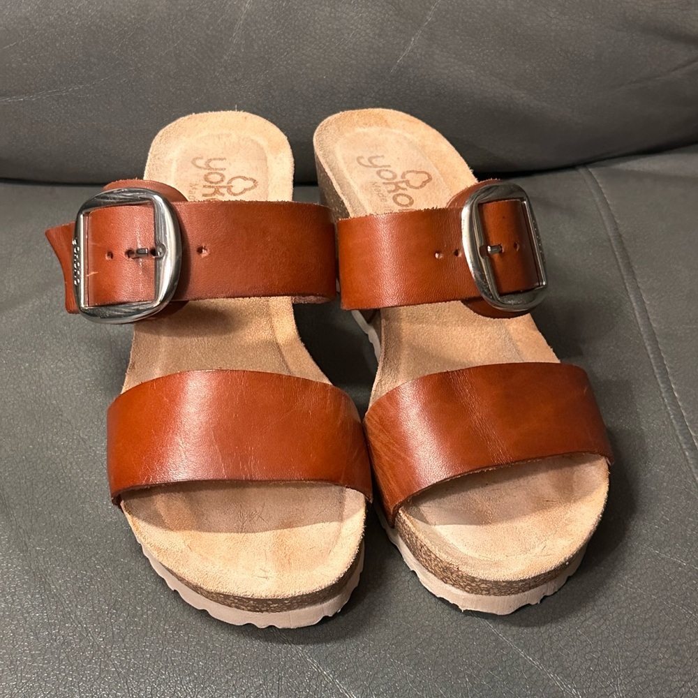 Yokono Cognac Leather Big Buckle Strappy Footbed Comfort Wedge Sandals